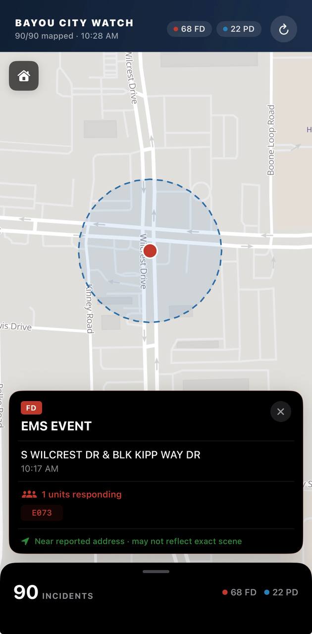 Bayou City Watch incident detail screenshot