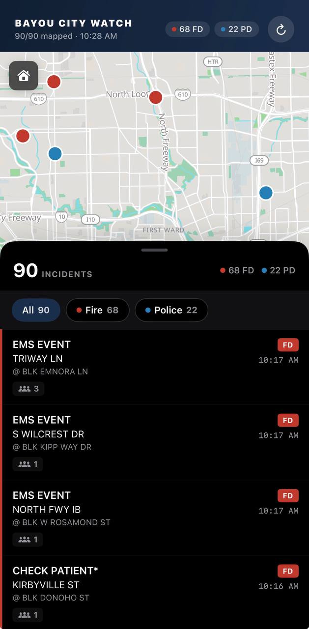 Bayou City Watch incident list screenshot